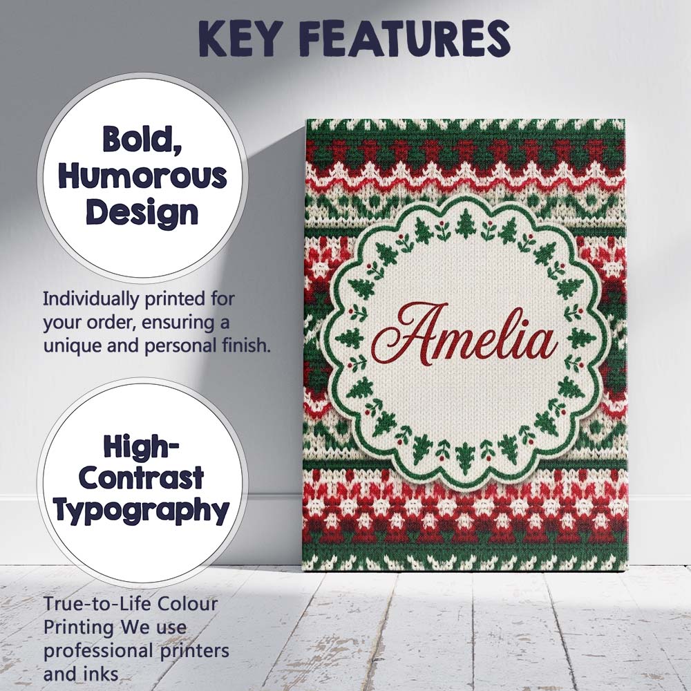 Personalised Name Festive Knitted Fair Isle Custom Bespoke Interior Contemporary Canvas Wall Art Print Decor Picture Ready to Hang