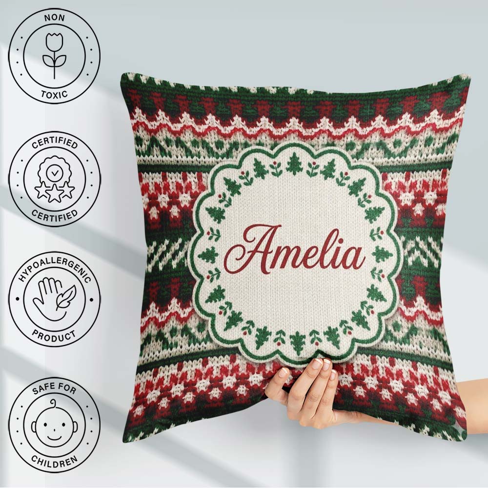 Custom Name Festive Knitted Fair Isle Christmas Pattern Seamless Square Filled Cushion Throw Pillow Sofa Bed Home Decor Zip Washable UK Made