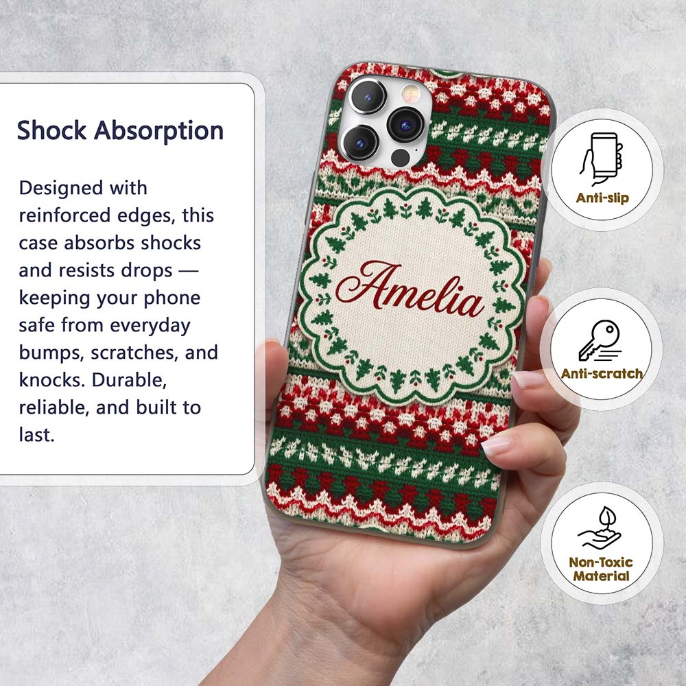 Festive Knitted Fair Isle Christmas Pattern Printed Design Custom Name Protective Phone Case Mobile Cover Durable Smartphone Shock Resistant