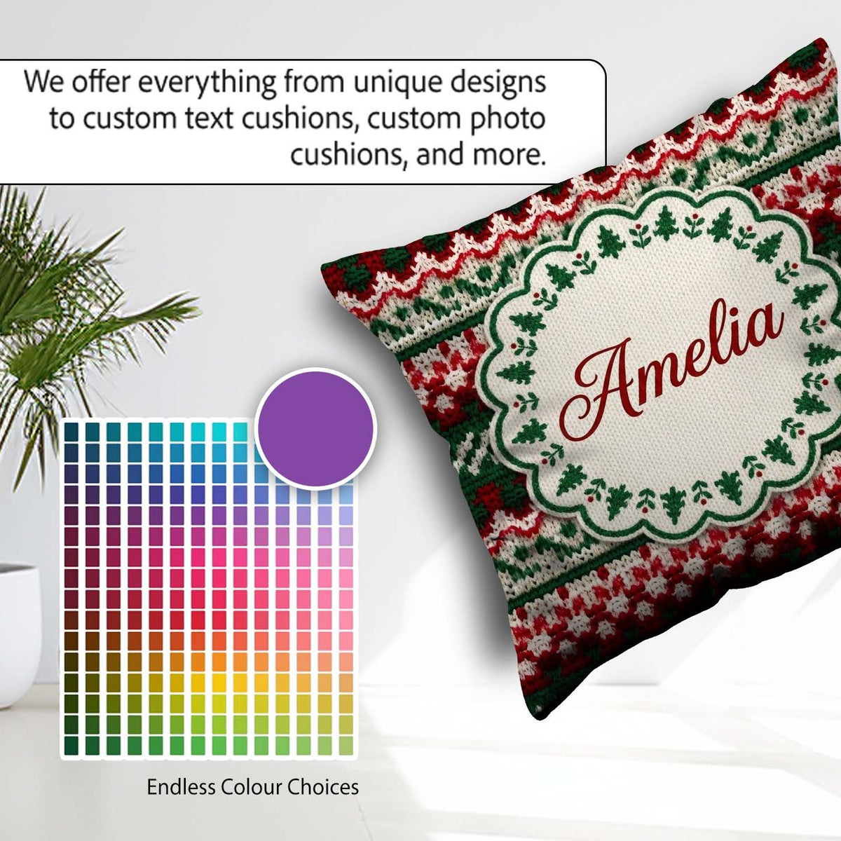 Custom Name Festive Knitted Fair Isle Christmas Pattern Seamless Square Filled Cushion Throw Pillow Sofa Bed Home Decor Zip Washable UK Made