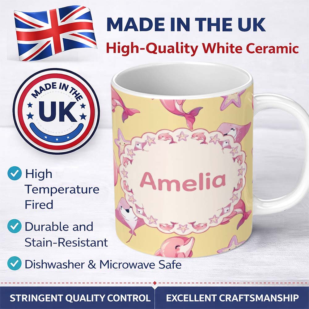 Personalized Custom Name Cute Pink Dolphin Stingray Starfish Ocean Creatures Yellow Lovely 11oz Ceramic Coffee Tea Mug White Large Handle