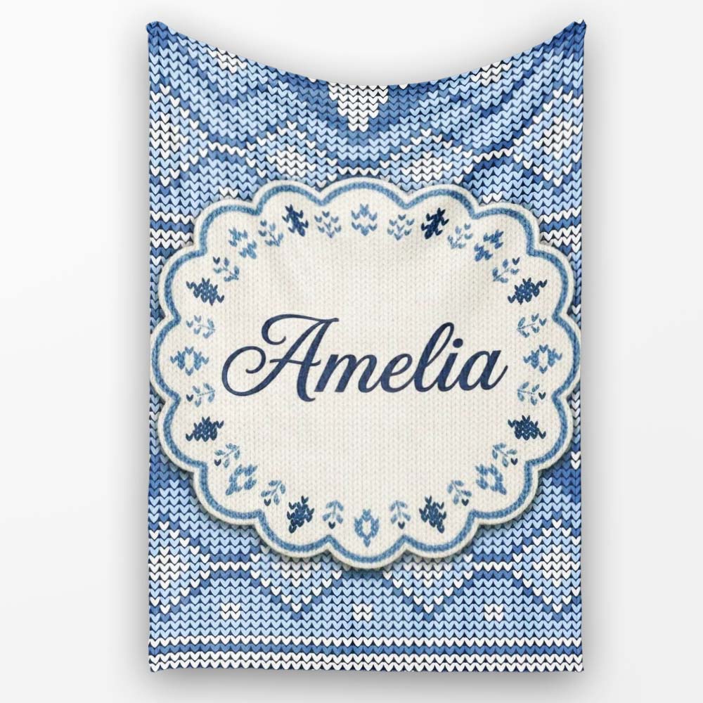 Blue Nordic Knitted Christmas Pattern Seamless Beautiful Coffee Cup Personalised Custom Name Super Soft Fleece Blanket Bed Sofa Throw