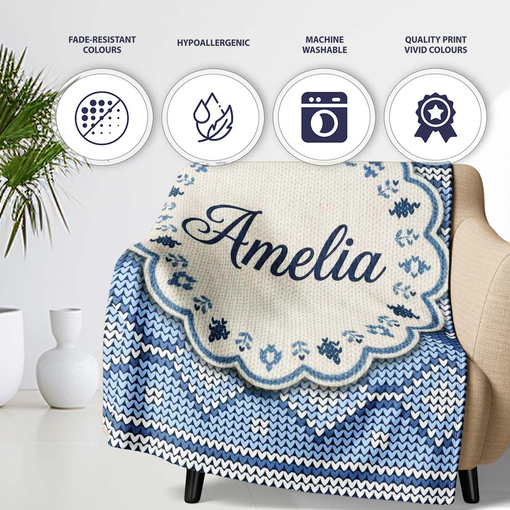 Blue Nordic Knitted Christmas Pattern Seamless Beautiful Coffee Cup Personalised Custom Name Super Soft Fleece Blanket Bed Sofa Throw