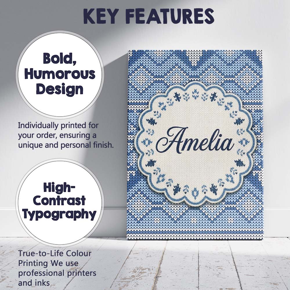Personalised Name Blue Nordic Knitted Custom Modern Room Accent Creative Decorator Style Canvas Wall Art Print Decor Picture Ready to Hang
