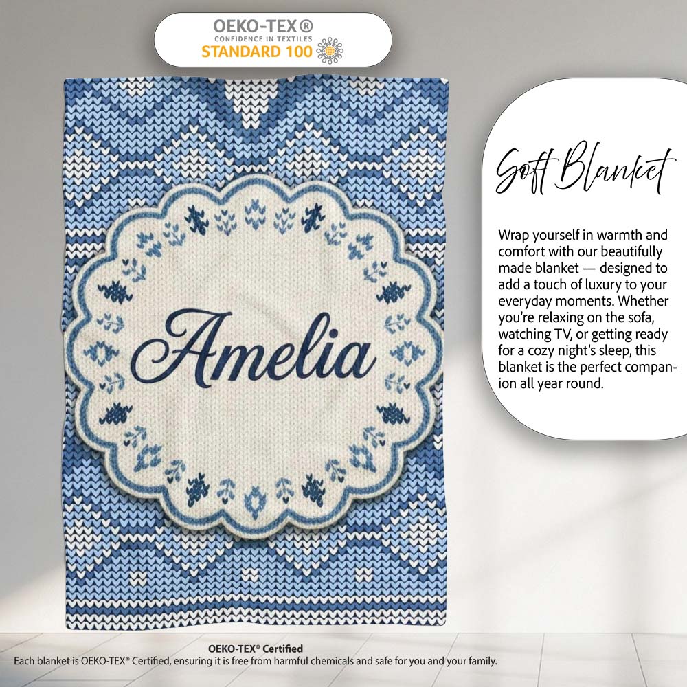 Blue Nordic Knitted Christmas Pattern Seamless Beautiful Coffee Cup Personalised Custom Name Super Soft Fleece Blanket Bed Sofa Throw