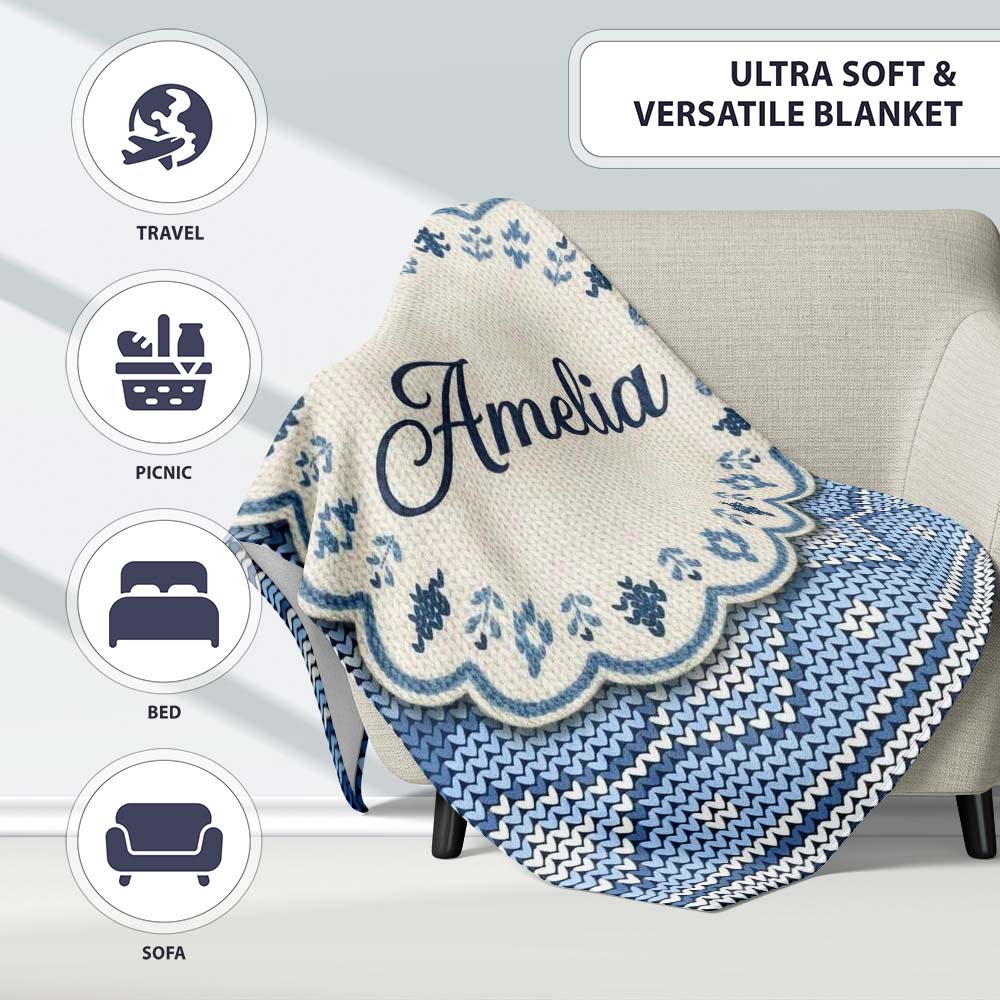 Blue Nordic Knitted Christmas Pattern Seamless Beautiful Coffee Cup Personalised Custom Name Super Soft Fleece Blanket Bed Sofa Throw
