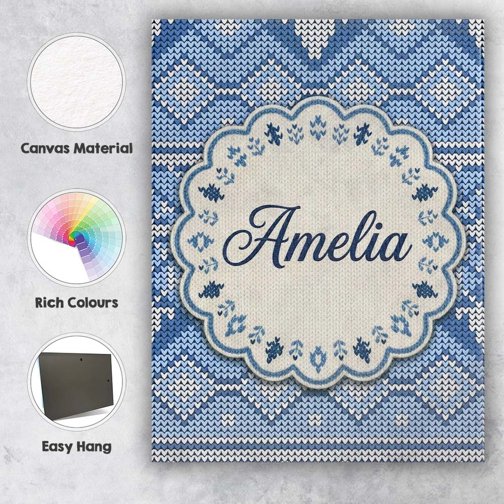 Personalised Name Blue Nordic Knitted Custom Modern Room Accent Creative Decorator Style Canvas Wall Art Print Decor Picture Ready to Hang