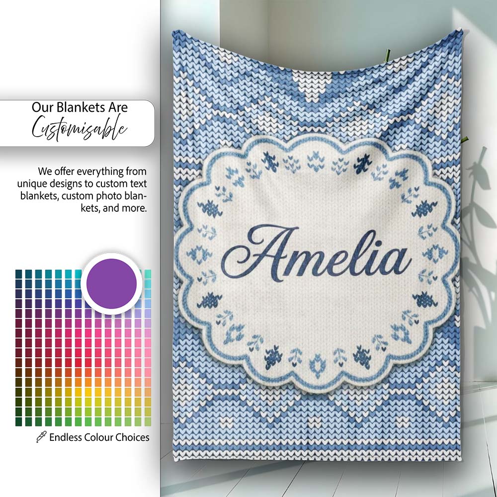Blue Nordic Knitted Christmas Pattern Seamless Beautiful Coffee Cup Personalised Custom Name Super Soft Fleece Blanket Bed Sofa Throw