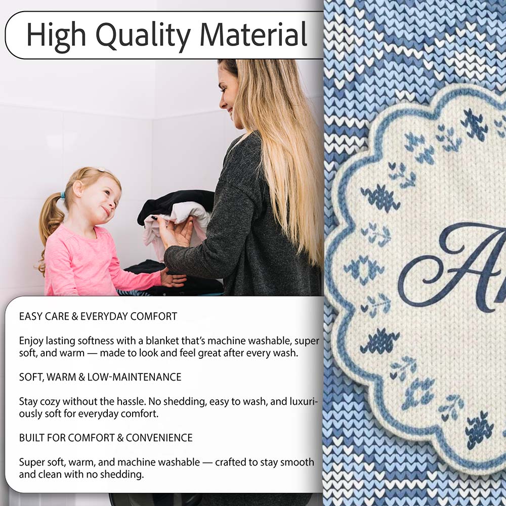 Blue Nordic Knitted Christmas Pattern Seamless Beautiful Coffee Cup Personalised Custom Name Super Soft Fleece Blanket Bed Sofa Throw
