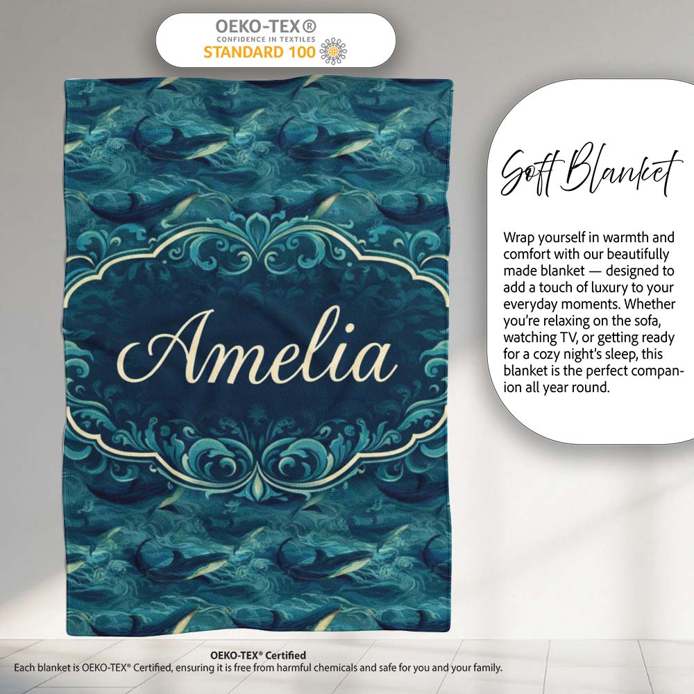 Dark Blue Whale Wave Seamless Pattern Underwater Ocean Design Lovely Personalised Custom Name Super Soft Fleece Blanket Bed Sofa Throw