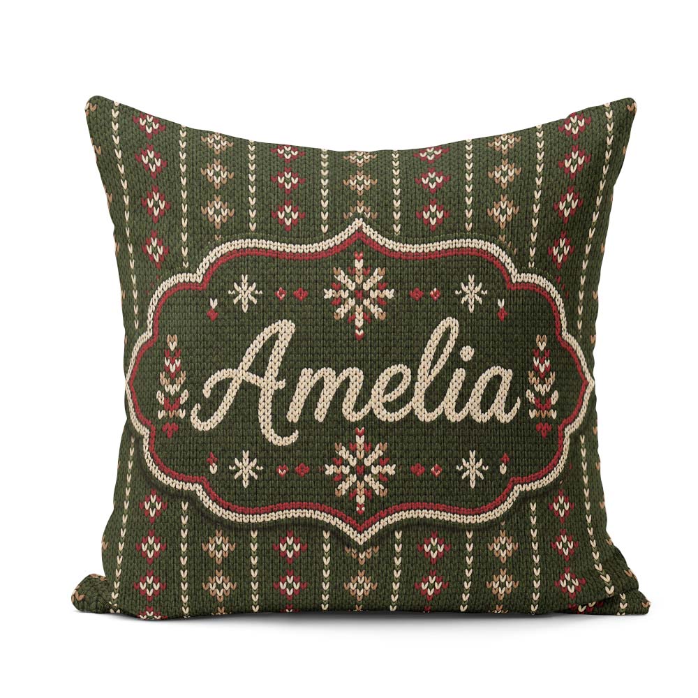 Custom Name Green Knitted Heart Nordic Pattern Seamless Idea Square Filled Cushion Throw Pillow Sofa Bed Home Decor Zip Washable UK Made