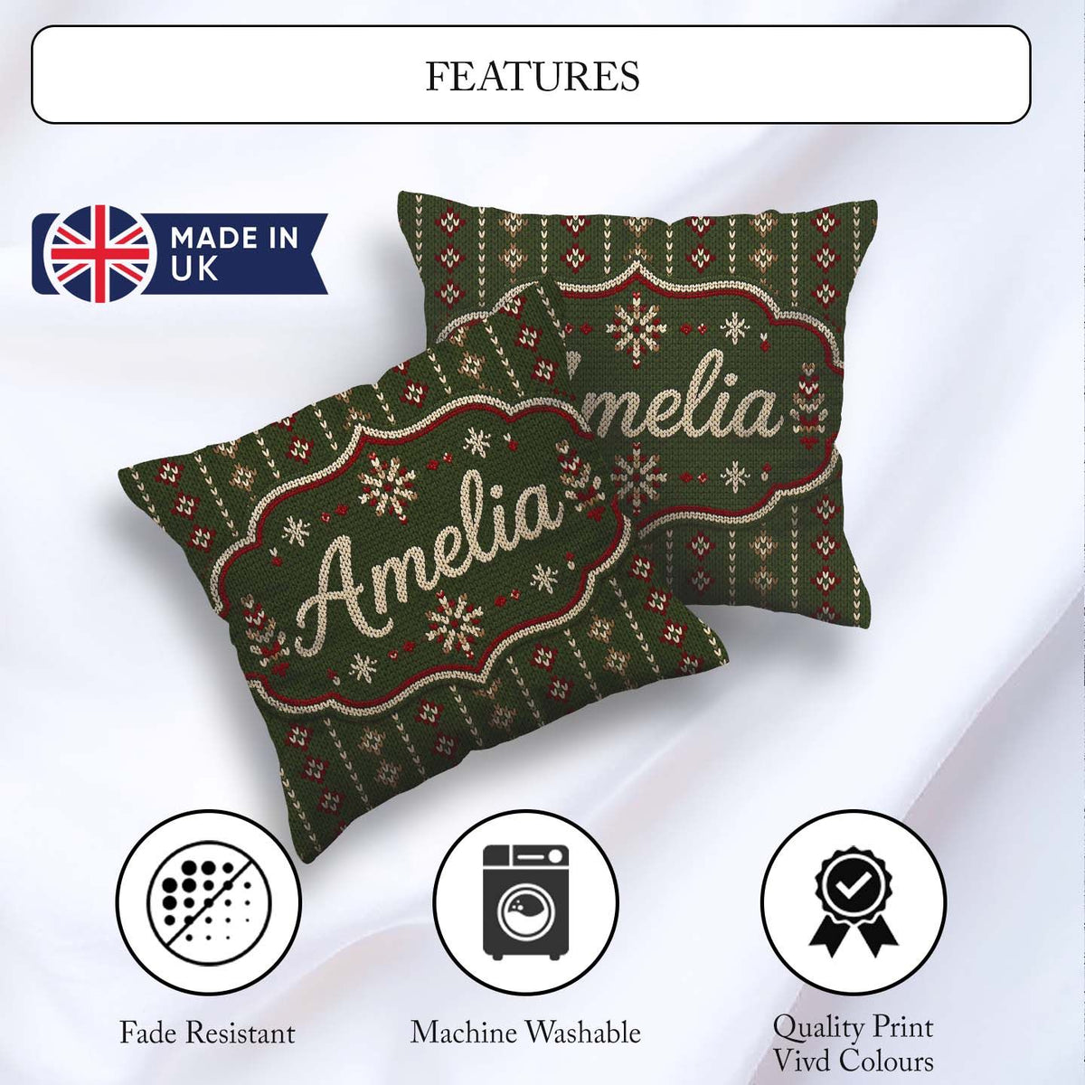 Custom Name Green Knitted Heart Nordic Pattern Seamless Idea Square Filled Cushion Throw Pillow Sofa Bed Home Decor Zip Washable UK Made