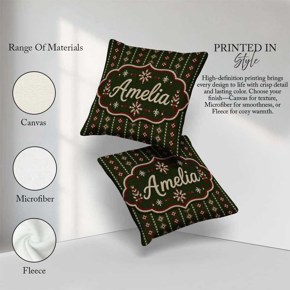 Custom Name Green Knitted Heart Nordic Pattern Seamless Idea Square Filled Cushion Throw Pillow Sofa Bed Home Decor Zip Washable UK Made