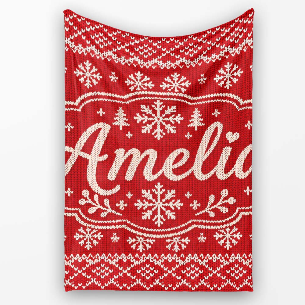 Red Knitted Heart Pattern Christmas Seamless Charming Decor Personalised Custom Name Super Soft Fleece Blanket Bed Sofa Throw