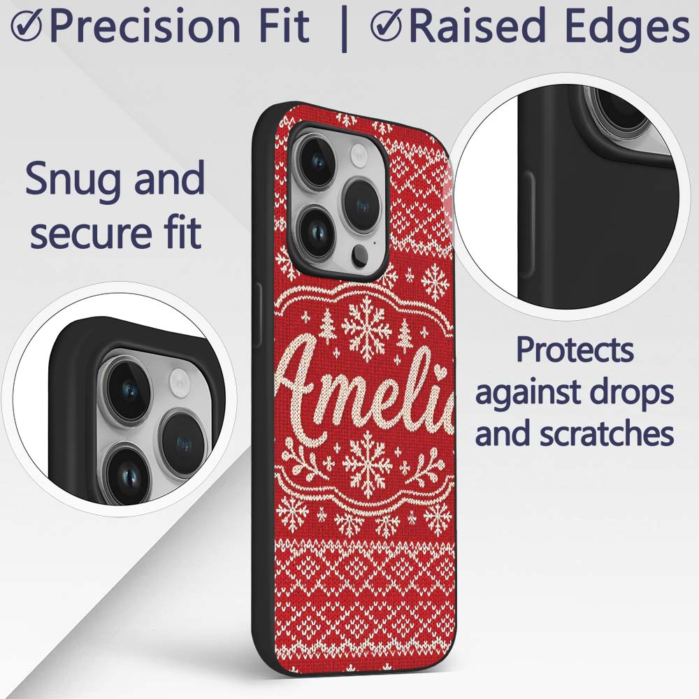 Red Knitted Heart Pattern Christmas Seamless Custom Name Protective Phone Case Mobile Cover Durable Everyday Smartphone Shock Resistant