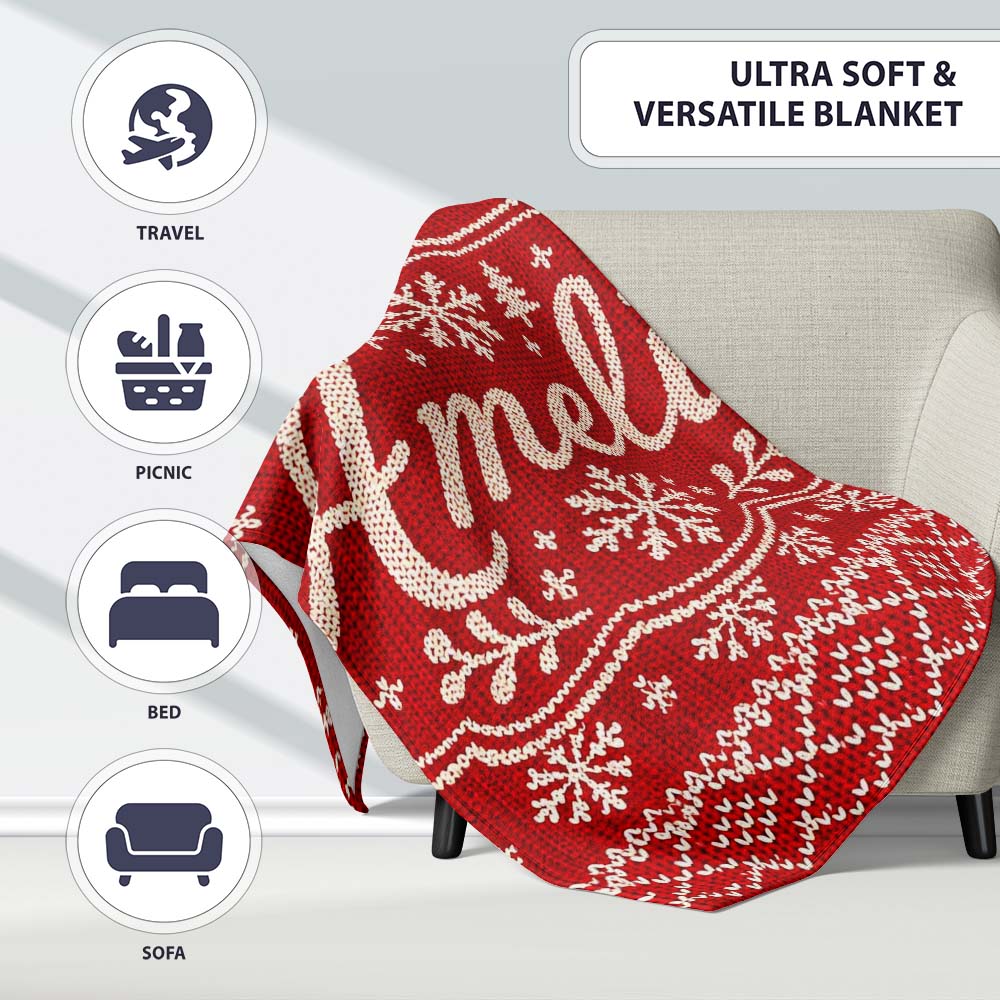 Red Knitted Heart Pattern Christmas Seamless Charming Decor Personalised Custom Name Super Soft Fleece Blanket Bed Sofa Throw