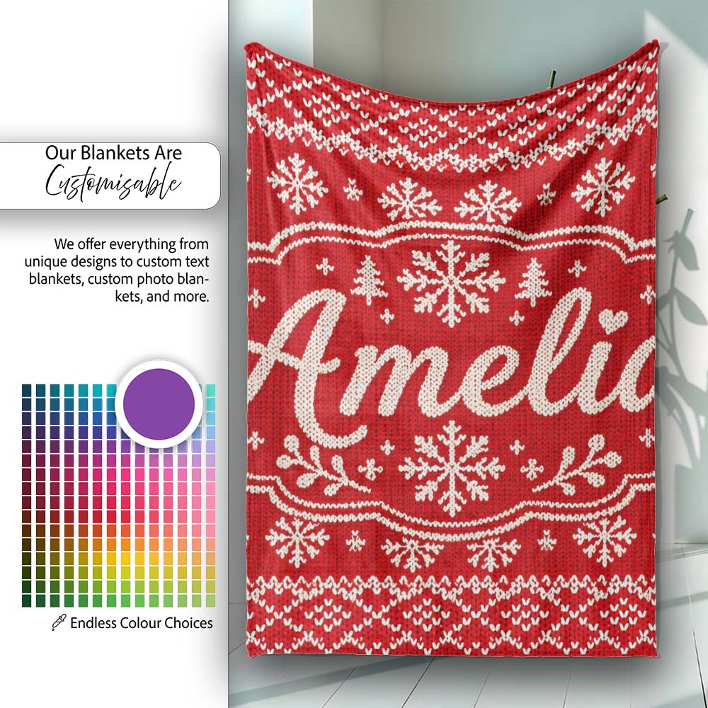 Red Knitted Heart Pattern Christmas Seamless Charming Decor Personalised Custom Name Super Soft Fleece Blanket Bed Sofa Throw