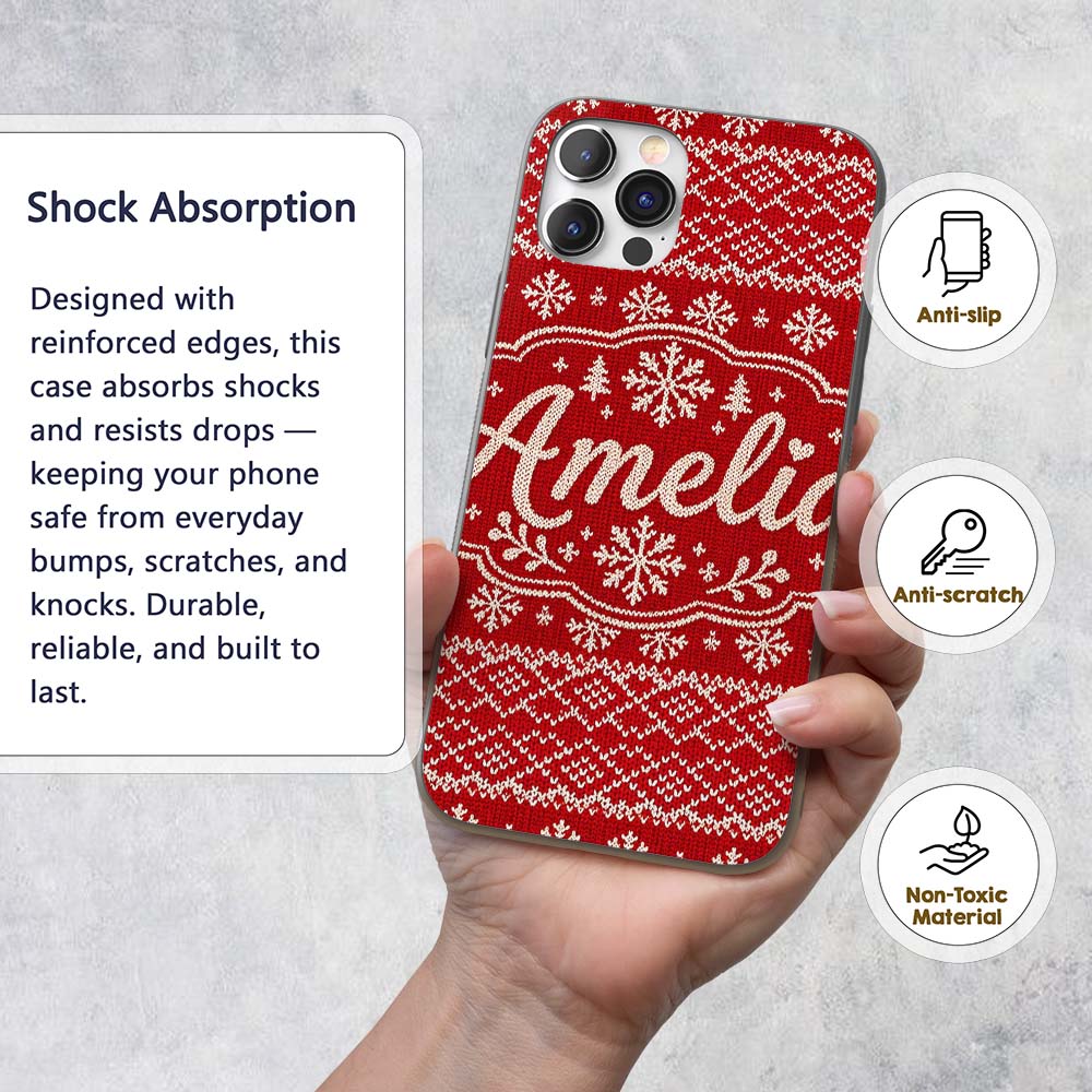 Red Knitted Heart Pattern Christmas Seamless Custom Name Protective Phone Case Mobile Cover Durable Everyday Smartphone Shock Resistant
