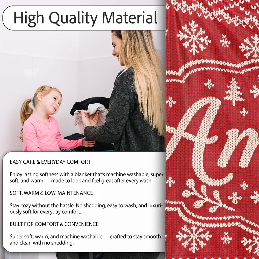 Red Knitted Heart Pattern Christmas Seamless Charming Decor Personalised Custom Name Super Soft Fleece Blanket Bed Sofa Throw