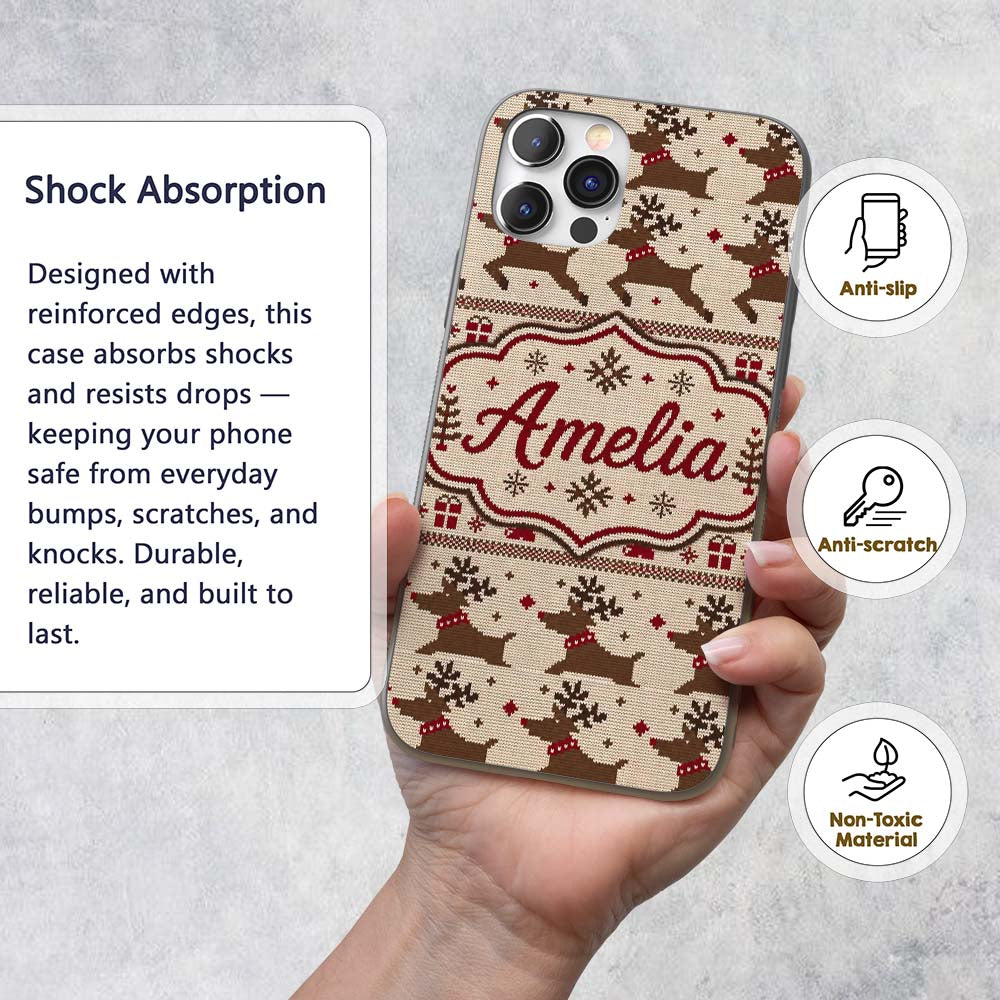 Classic Reindeer Gift Nordic Knitted Seamless Custom Name Protective Phone Case Mobile Cover Durable Everyday Smartphone Shock Resistant
