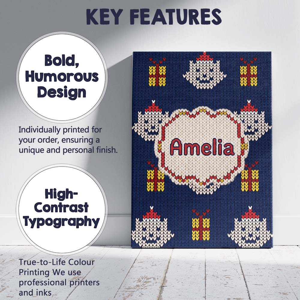 Personalised Name Blue Knitted Christmas Custom Unique Gift Idea Elegant Feature Canvas Wall Art Print Decor Picture Ready to Hang