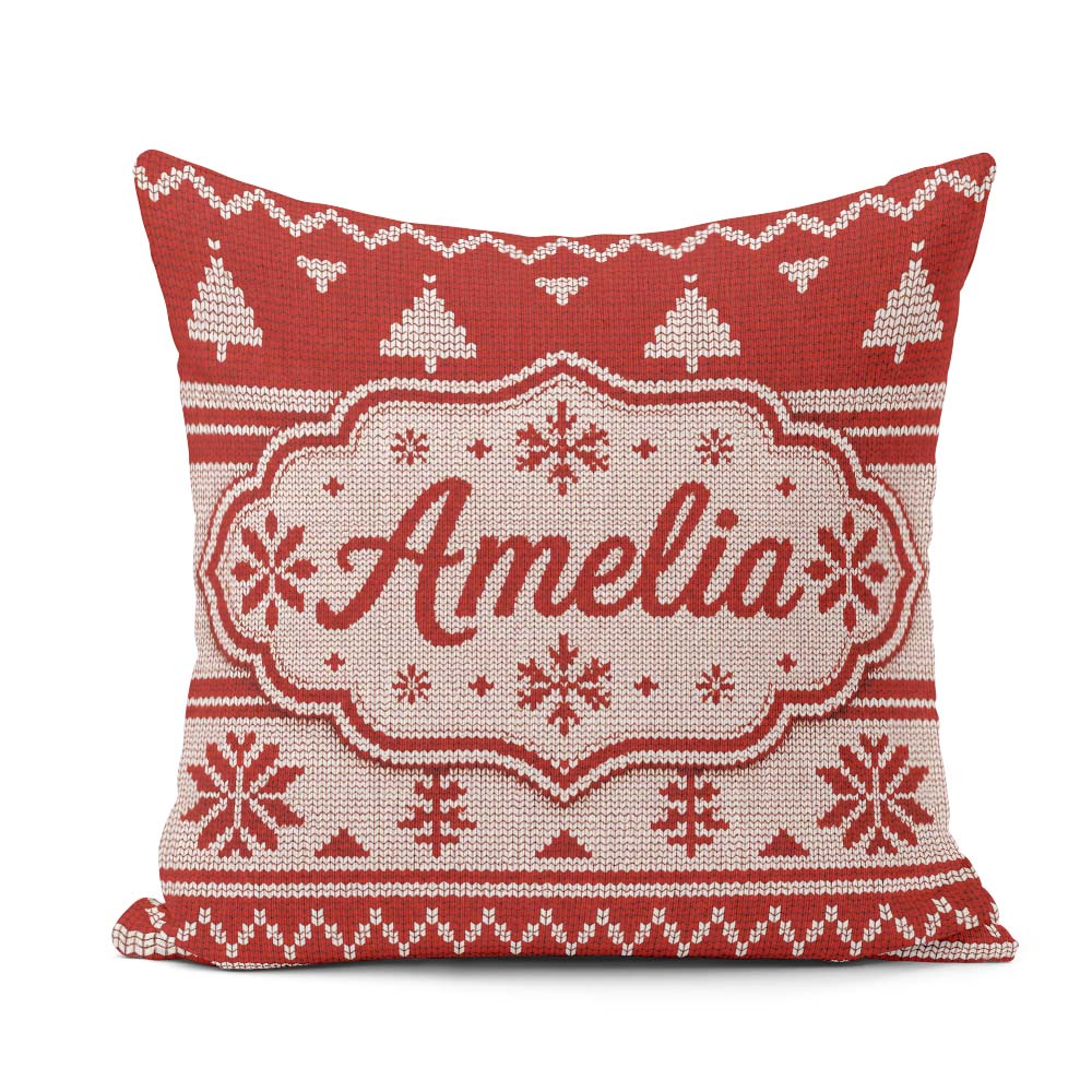 Custom Name Red Nordic Christmas Tree Snowflake Knitted Seamless Square Filled Cushion Throw Pillow Sofa Bed Home Decor Zip Washable UK Made