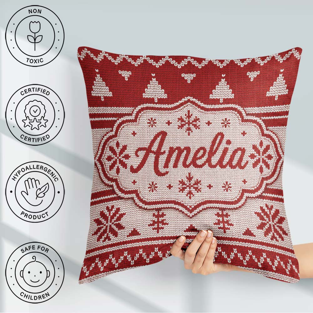Custom Name Red Nordic Christmas Tree Snowflake Knitted Seamless Square Filled Cushion Throw Pillow Sofa Bed Home Decor Zip Washable UK Made