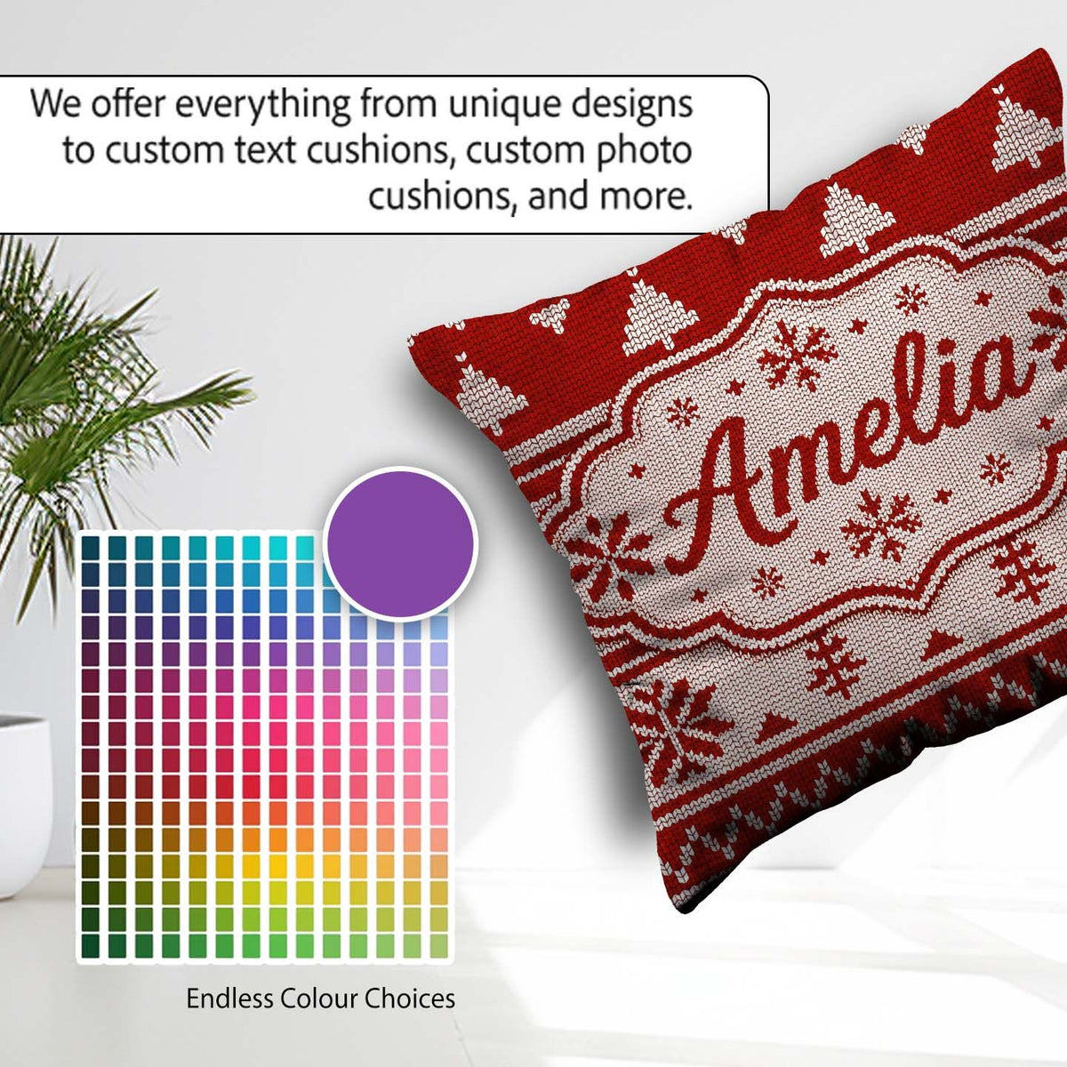 Custom Name Red Nordic Christmas Tree Snowflake Knitted Seamless Square Filled Cushion Throw Pillow Sofa Bed Home Decor Zip Washable UK Made