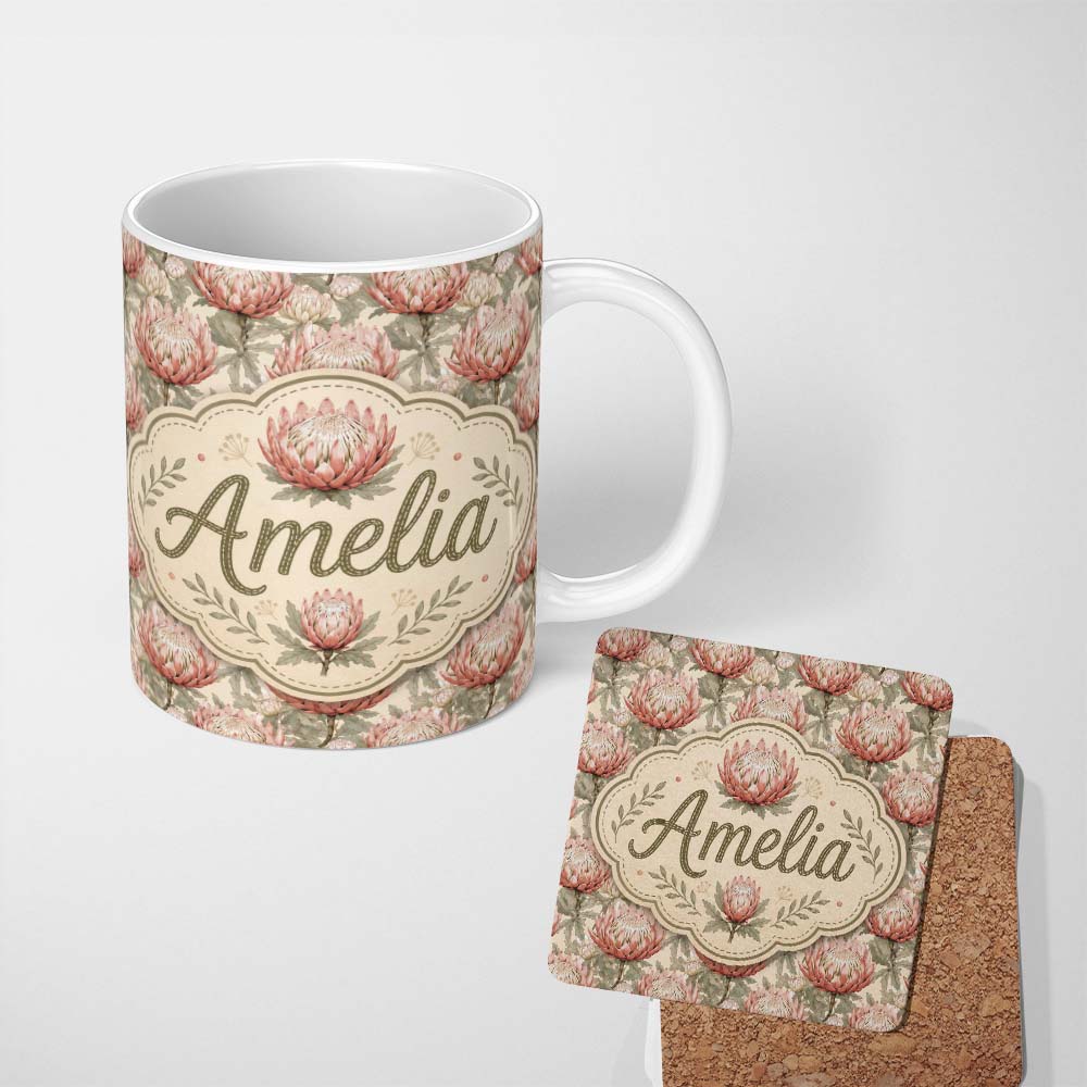 Personalized Custom Name Elegant Pink Protea Floral Botanical Seamless Pattern Lovely 11oz Ceramic Coffee Tea Mug White Large Handle