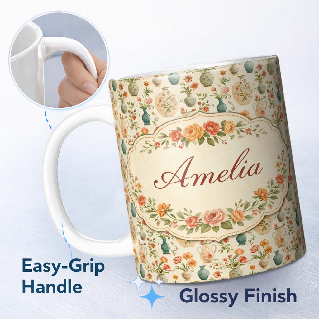 Personalized Custom Name Vintage Floral and Vase Collection with Soft Pastel Blooms Seamless 11oz Ceramic Coffee Tea Mug White Large Handle
