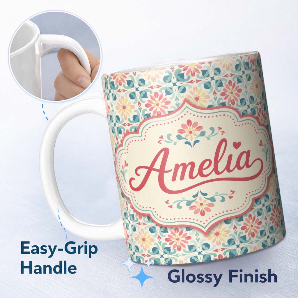 Personalized Custom Name Pastel Floral Tile Pattern in Coral Blue and Yellow on Soft Cream 11oz Ceramic Coffee Tea Mug White Large Handle