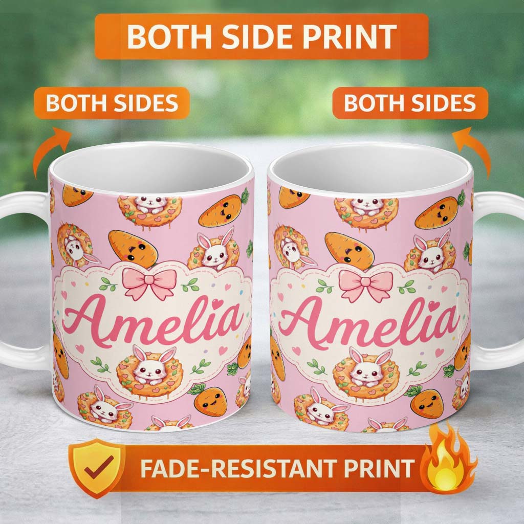 Personalized Custom Name Cute Easter Bunny Carrot Donut Hearts Seamless Pattern Rose Pink 11oz Ceramic Coffee Tea Mug White Large Handle