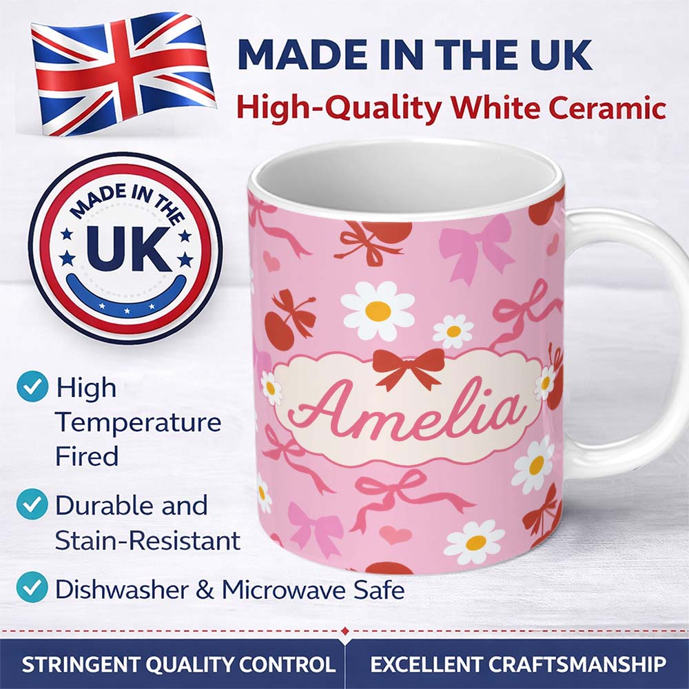 Personalized Custom Name Cute Cherry Bow Daisy Heart with White Daisies on Grey Background 11oz Ceramic Coffee Tea Mug White Large Handle
