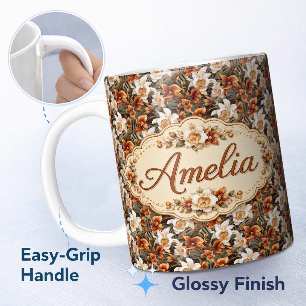 Personalized Custom Name Bold Cream and Orange Orchid Floral with Lush Foliage on Dark Lovely 11oz Ceramic Coffee Tea Mug White Large Handle