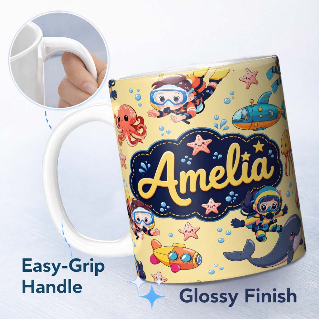 Personalized Custom Name Underwater with Scuba Divers Starfish and Whale on Warm Yellow 11oz Ceramic Coffee Tea Mug White Large Handle