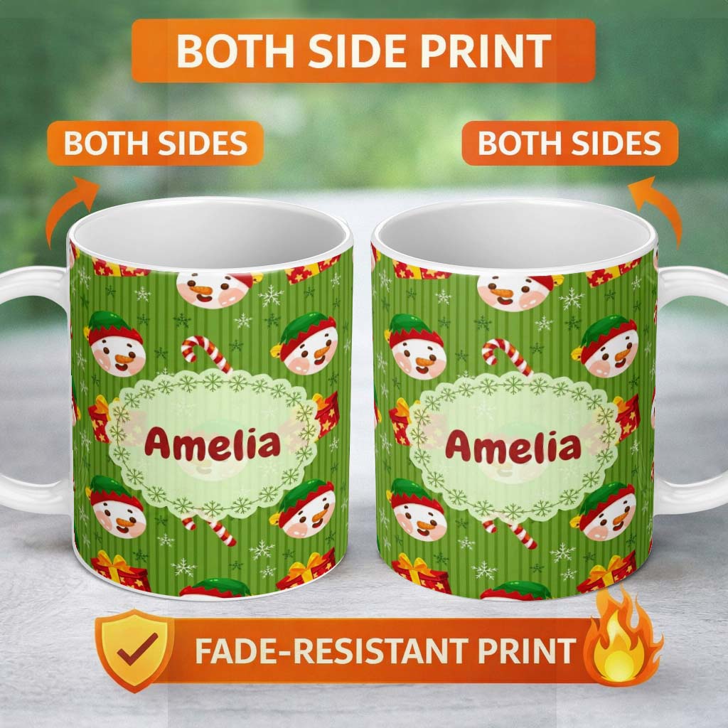 Personalized Custom Name Cute Snowman Candy Cane Gift Box Seamless Pattern Festive Winter 11oz Ceramic Coffee Tea Mug White Large Handle