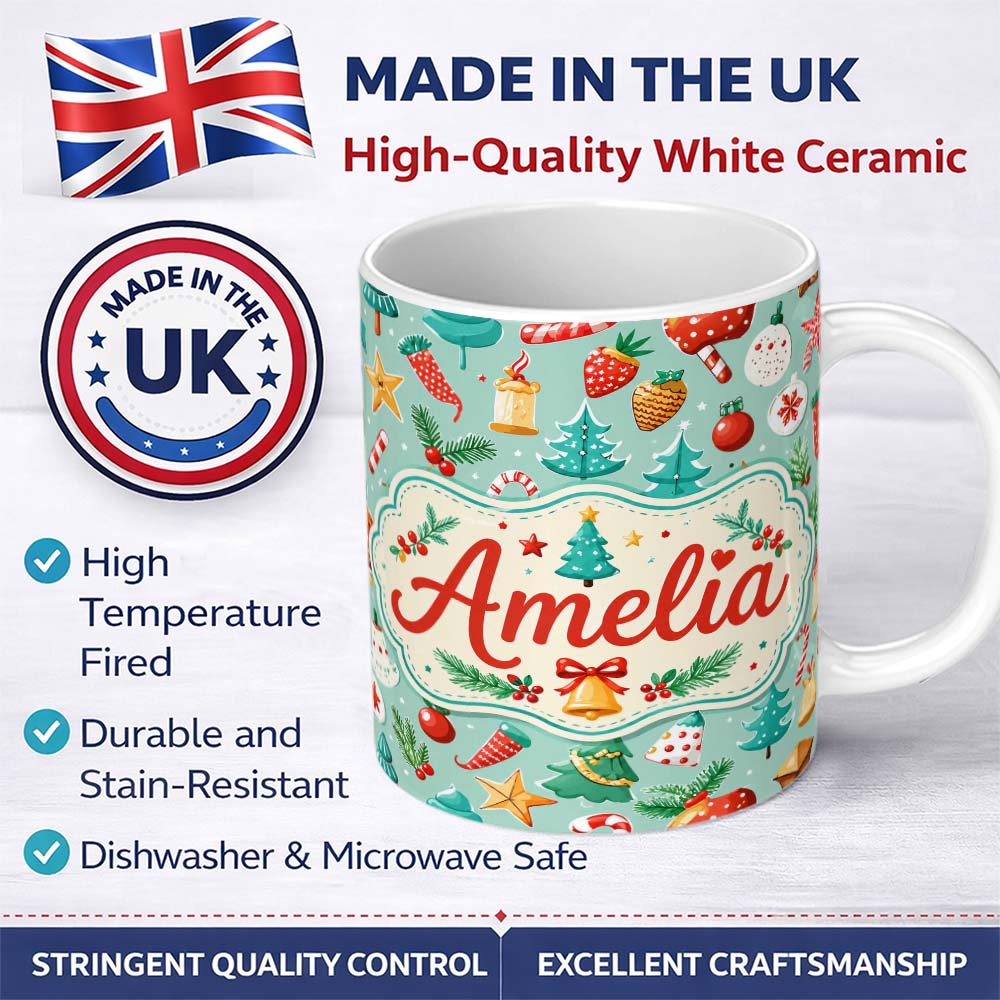 Personalized Custom Name Watercolor Christmas Tree Strawberry Ornament Seamless Pattern 11oz Ceramic Coffee Tea Mug White Large Handle