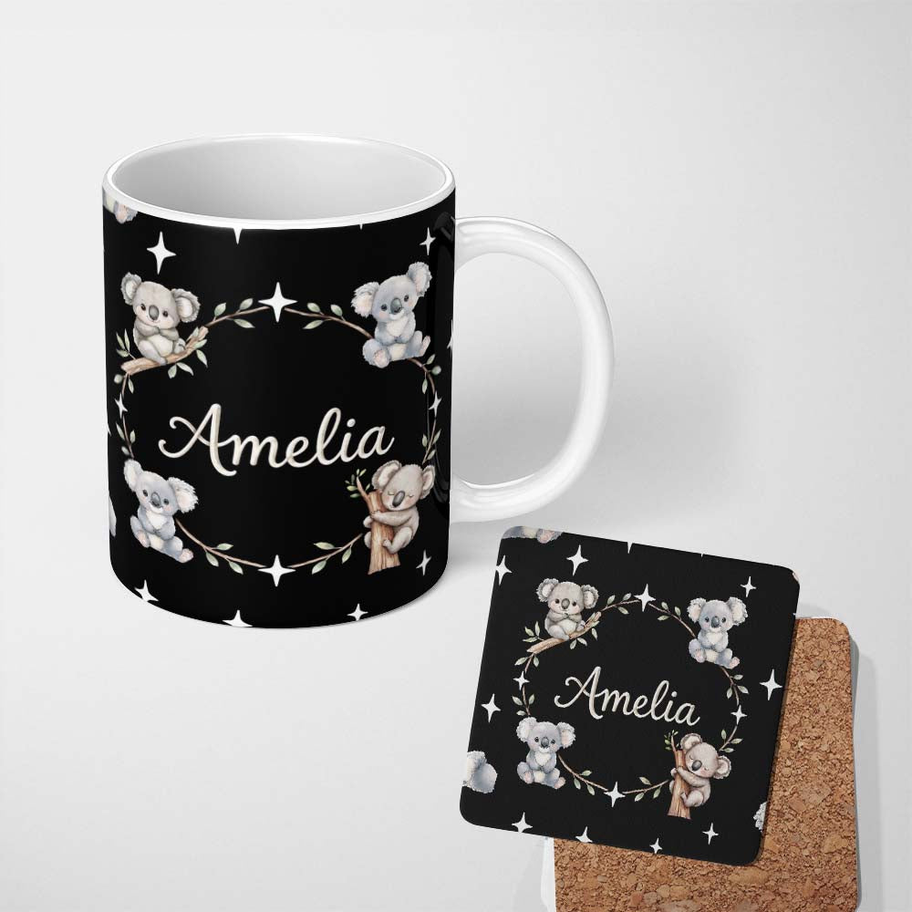 Personalized Custom Name Cute Baby Koala Bears with Stars on Black Background Seamless Lovely 11oz Ceramic Coffee Tea Mug White Large Handle