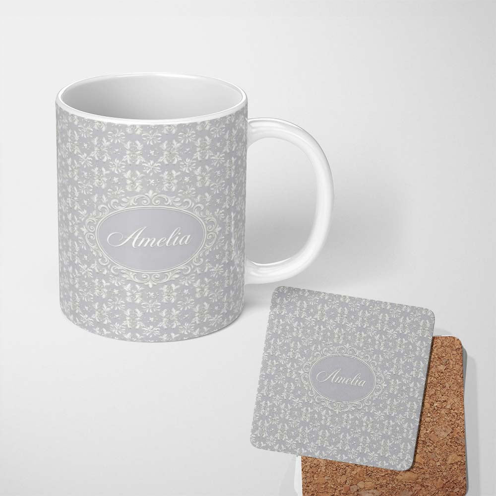 Personalized Custom Name Delicate Light Grey Floral Motif Vintage Seamless Pattern Lovely 11oz Ceramic Coffee Tea Mug White Large Handle