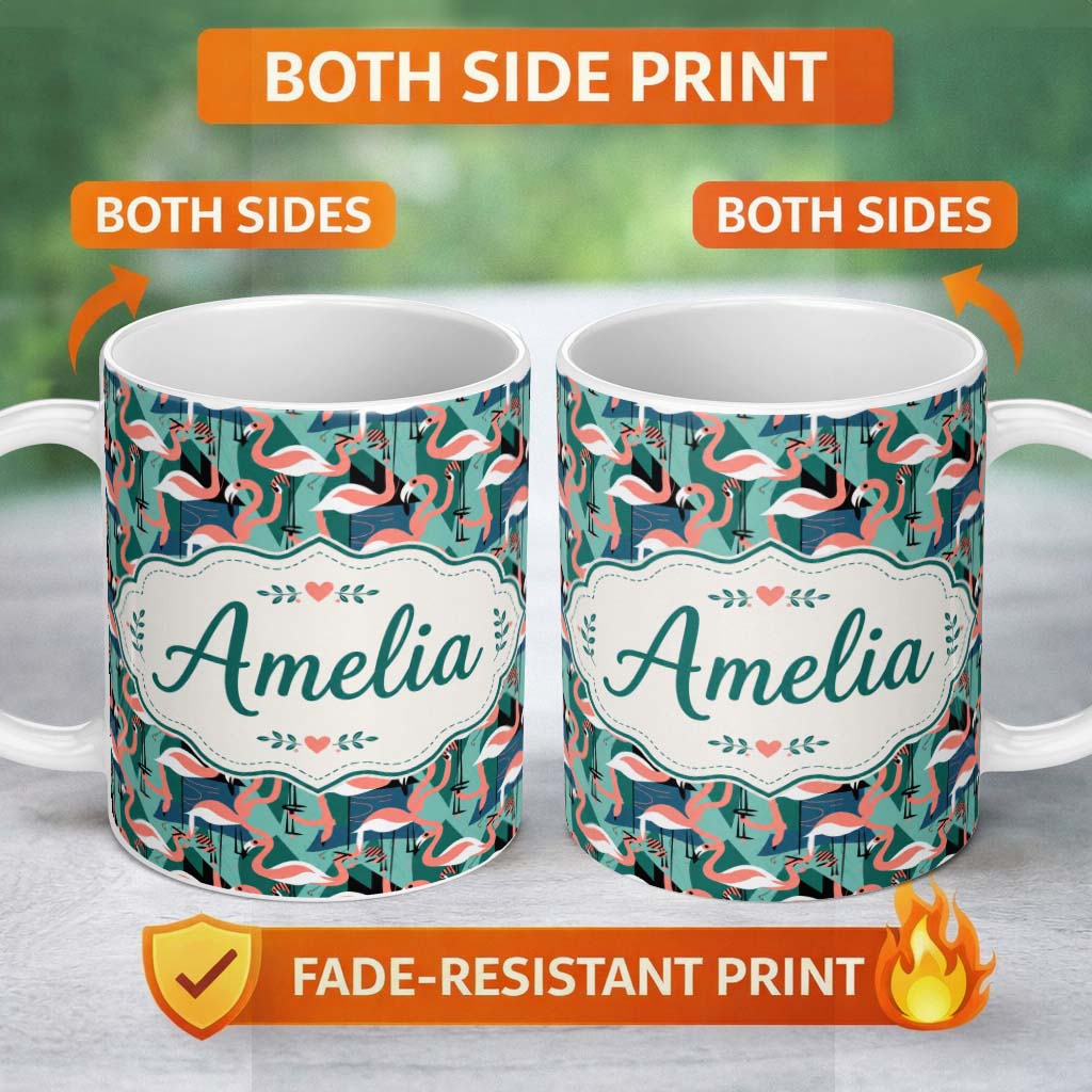 Personalized Custom Name Modern Flamingo Birds with Geometric Jungle Background Seamless 11oz Ceramic Coffee Tea Mug White Large Handle