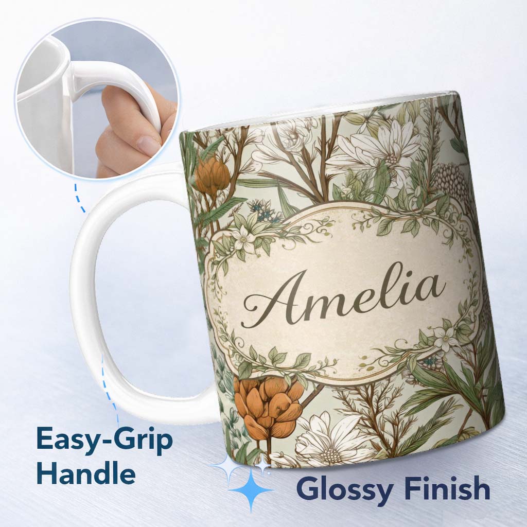 Personalized Custom Name Botanical Garden Floral Pattern Natural Tones Beautiful Coffee Cup 11oz Ceramic Coffee Tea Mug White Large Handle