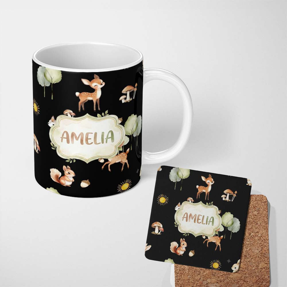 Personalized Custom Name Woodland Deer Fox Trees Mushrooms Sun Animals White Seamless 11oz Ceramic Coffee Tea Mug White Large Handle