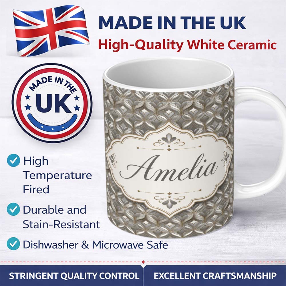Personalized Custom Name Elegant Geometric Heart Motif Pattern in Neutral Beige and Grey 11oz Ceramic Coffee Tea Mug White Large Handle