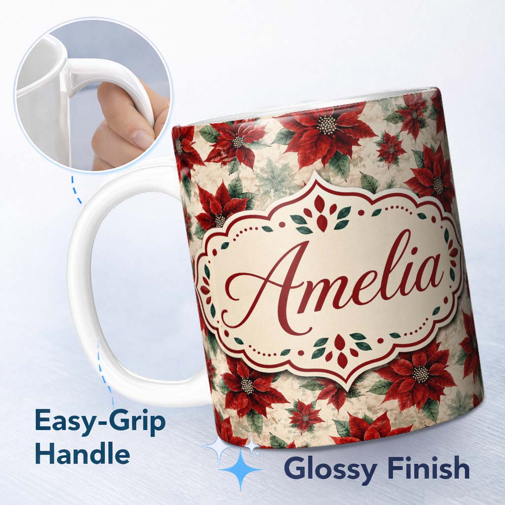 Personalized Custom Name Elegant Beige Background Poinsettia Floral Classic Seamless Pattern 11oz Ceramic Coffee Tea Mug White Large Handle