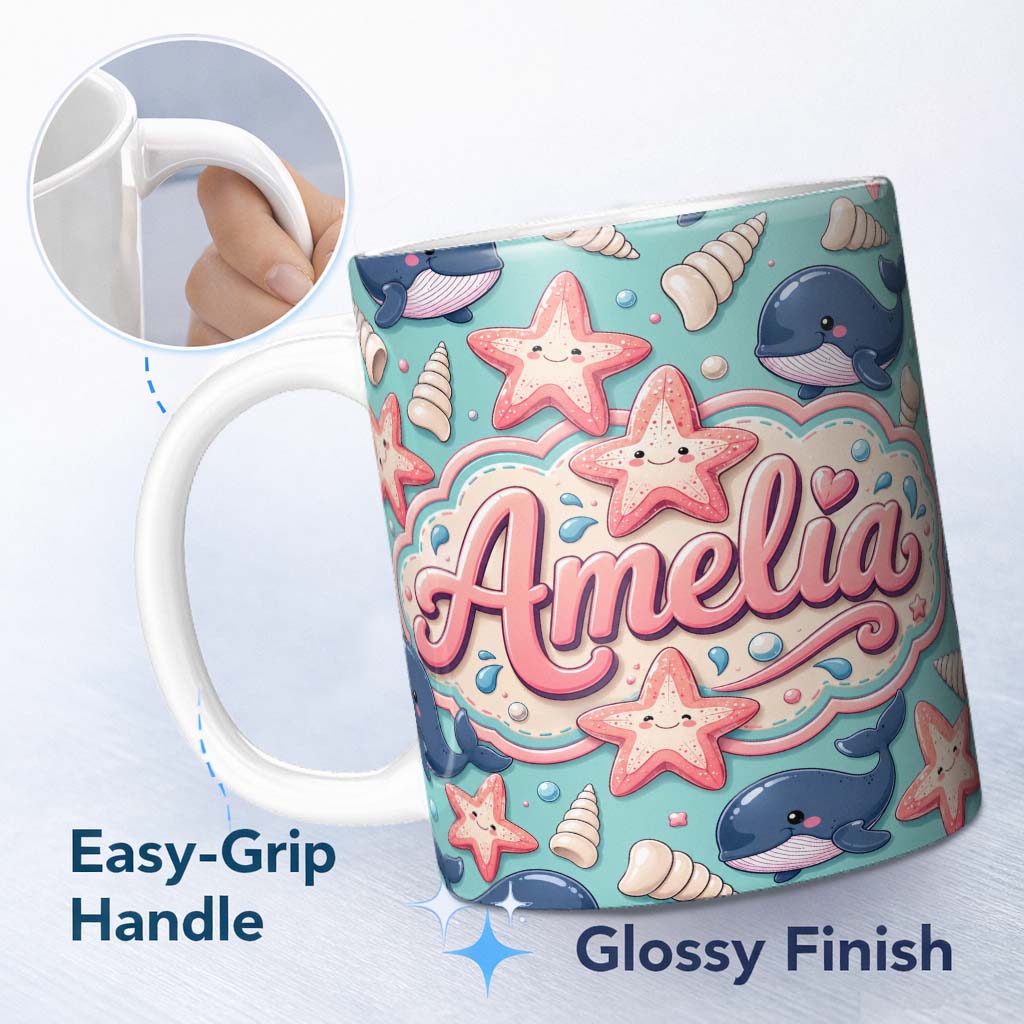 Personalized Custom Name Cute Kawaii Whale Starfish Seashell Ocean Animals Mint Background 11oz Ceramic Coffee Tea Mug White Large Handle
