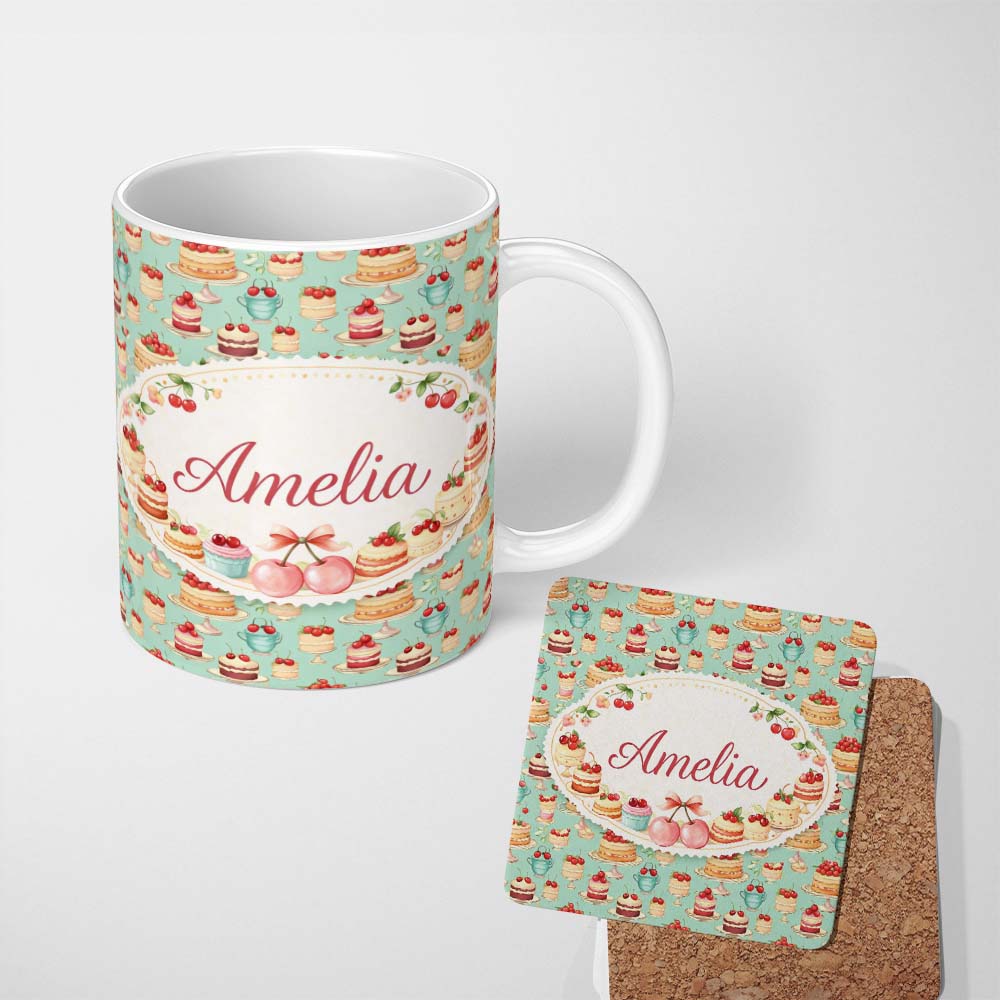 Personalized Custom Name Cherry Chocolate Cake Seamless Teal Background Dessert Sweet Food 11oz Ceramic Coffee Tea Mug White Large Handle
