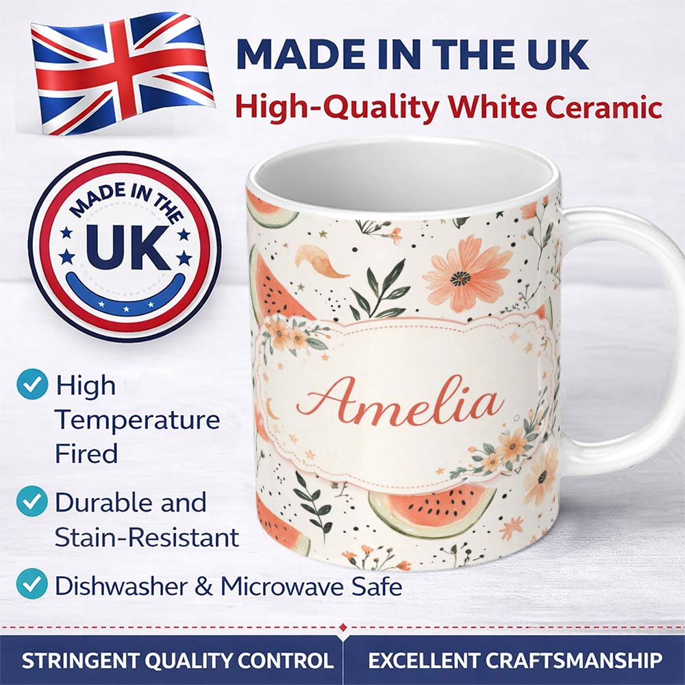 Personalized Custom Name Watermelon Slice and Floral Pattern Summer Theme Cute Unique Gift 11oz Ceramic Coffee Tea Mug White Large Handle