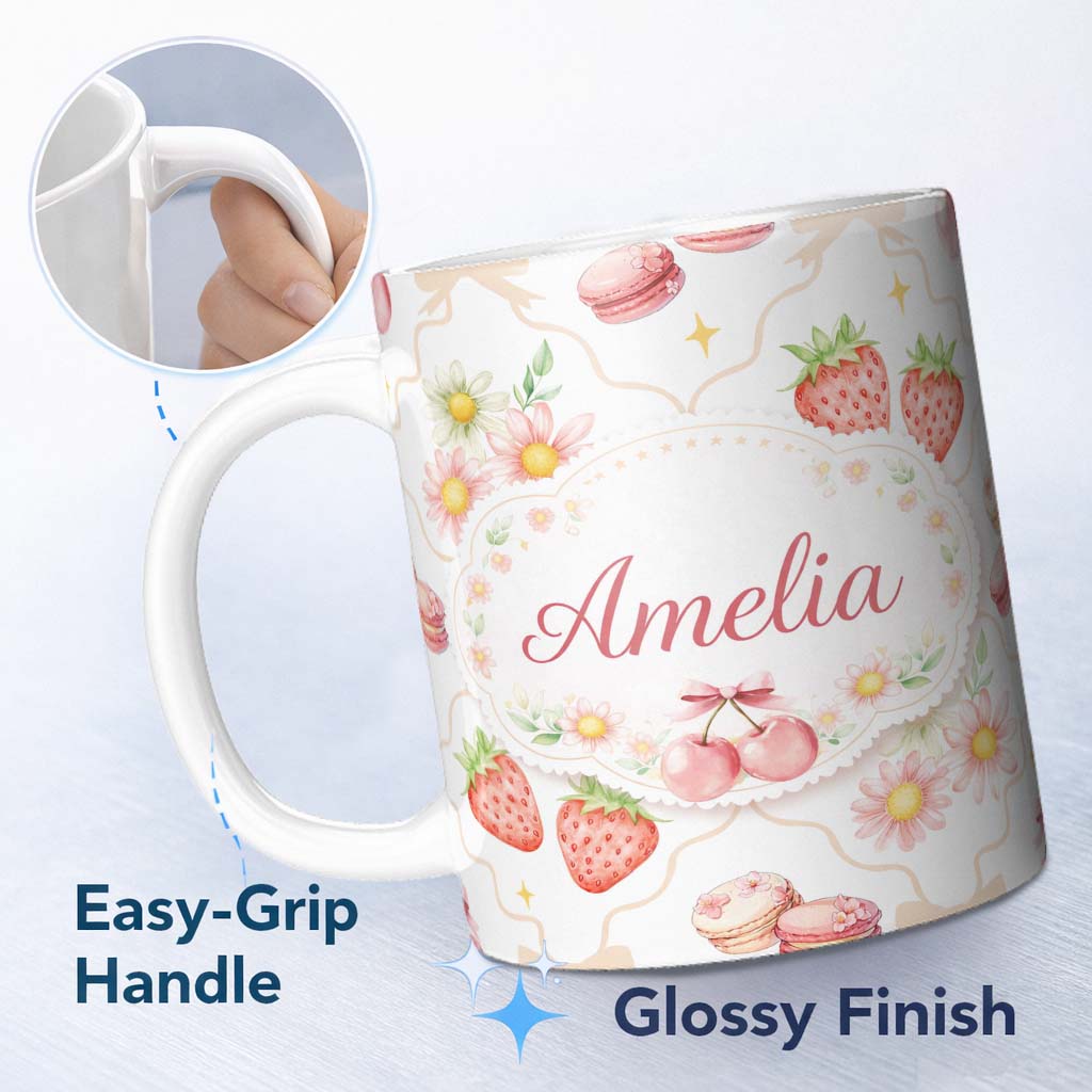 Personalized Custom Name Strawberry Cherry Daisy White Beige Outline Cute Coquette Floral 11oz Ceramic Coffee Tea Mug White Large Handle