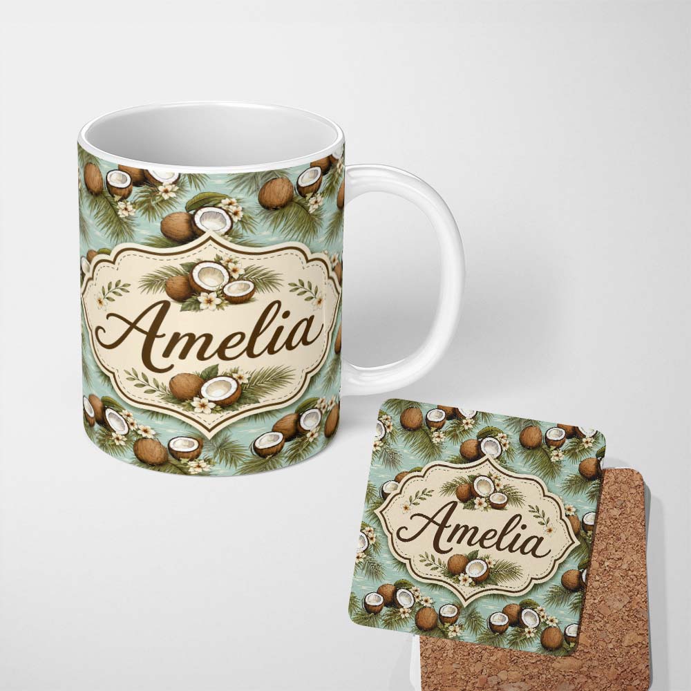 Personalized Custom Name Tropical Coconuts Palm Leaves and White Flowers on Soft Blue Beach 11oz Ceramic Coffee Tea Mug White Large Handle