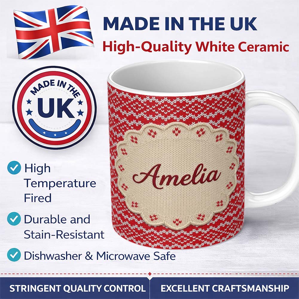 Personalized Custom Name Red White Nordic Knit Snowflake Chevron Pattern Christmas Sweater 11oz Ceramic Coffee Tea Mug White Large Handle
